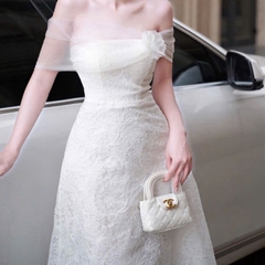 Đầm trễ vai voan phối gấm cao cấp sang chảnh dáng chữ A dài đi tiệc