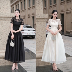 Đầm ren cổ tròn trong suốt dáng dài sang trọng đi tiệc cao cấp tay ngắn phối ren