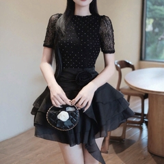 Đầm đính hột cổ tròn co dãn dáng ngắn xoè sang chảnh đi tiệc hack dáng