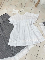 Set áo kiểu tiểu thư kèm quần caro dài phối ren