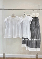 Set áo kiểu tiểu thư kèm quần caro dài phối ren