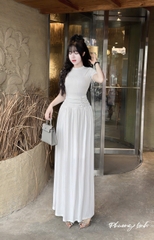Đầm cổ tròn dáng dài thun tăm +hoa
