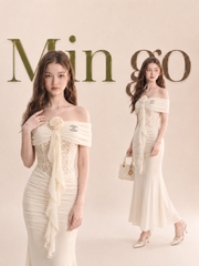 Đầm thiết kế trễ vai hoa ngực dáng xoè