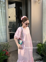 Đầm chấm bi cổ tròn tay phồng
