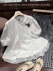 Set áo babydoll trắng quần caro đen dài