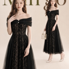 Đầm thiết kế trễ vai đính đá trước ngực  ren tùng xoè