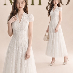 Đầm thiết kế cổ V tay phồng dáng dài