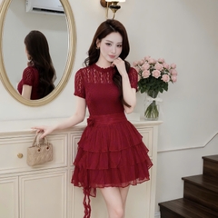 Đầm thiết kế ren cổ tròn cao cấp phối tơ tay ngắn dáng ngắn