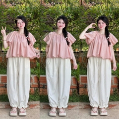 Set áo babydoll chấm bi kèm quần ống rộng bo chân
