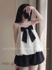 Set áo 2 dây babydoll nơ ngực kèm quần bí LS 6170