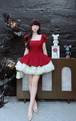 Đầm cổ vuông phối ren tùng xòe LS 619240