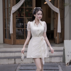 Đầm voan cổ sơ mi kín đáo thanh lịch phối váy A đi tiệc cao cấp 3 màu xanh/đen/kem