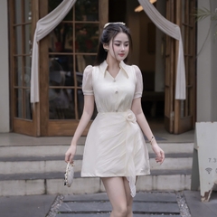 Đầm voan cổ sơ mi kín đáo thanh lịch phối váy A đi tiệc cao cấp 3 màu xanh/đen/kem