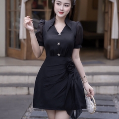 Đầm voan cổ sơ mi kín đáo thanh lịch phối váy A đi tiệc cao cấp 3 màu xanh/đen/kem