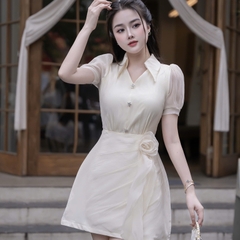 Đầm voan cổ sơ mi kín đáo thanh lịch phối váy A đi tiệc cao cấp 3 màu xanh/đen/kem