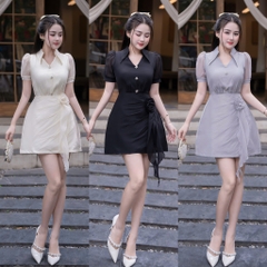 Đầm voan cổ sơ mi kín đáo thanh lịch phối váy A đi tiệc cao cấp 3 màu xanh/đen/kem