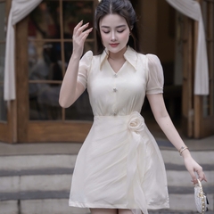 Đầm voan cổ sơ mi kín đáo thanh lịch phối váy A đi tiệc cao cấp 3 màu xanh/đen/kem