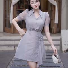 Đầm voan cổ sơ mi kín đáo thanh lịch phối váy A đi tiệc cao cấp 3 màu xanh/đen/kem