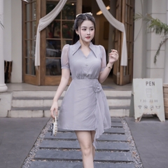 Đầm voan cổ sơ mi kín đáo thanh lịch phối váy A đi tiệc cao cấp 3 màu xanh/đen/kem