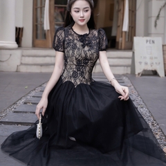 ĐẦM thiết kế ren phối voan đen cổ tròn tay ngắn lót da cao cấp đi tiệc sang trọn
