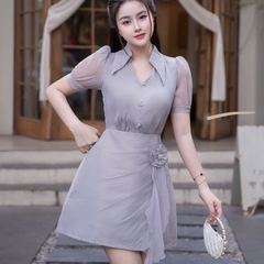 Đầm voan cổ sơ mi kín đáo thanh lịch phối váy A đi tiệc cao cấp 3 màu xanh/đen/kem