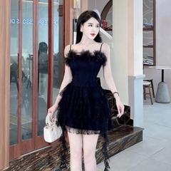 Đầm đi tiệc hai dây phối hoa ở ngực nhiều tầng dáng ngắn mix ren cao cấp