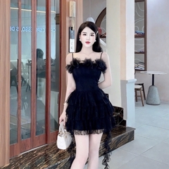 Đầm đi tiệc hai dây phối hoa ở ngực nhiều tầng dáng ngắn mix ren cao cấp