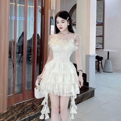 Đầm đi tiệc hai dây phối hoa ở ngực nhiều tầng dáng ngắn mix ren cao cấp