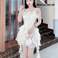 Đầm đi tiệc hai dây phối hoa ở ngực nhiều tầng dáng ngắn mix ren cao cấp