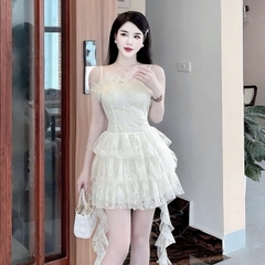 Đầm đi tiệc hai dây phối hoa ở ngực nhiều tầng dáng ngắn mix ren cao cấp