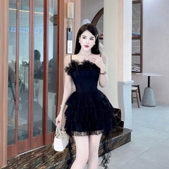 Đầm đi tiệc hai dây phối hoa ở ngực nhiều tầng dáng ngắn mix ren cao cấp