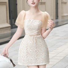 Đầm đi tiệc tay voan phối ren dáng chữ A ngắn cao cấp sang chảnh đi tiệc thắt eo cao câp
