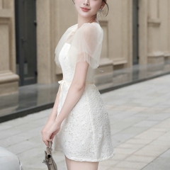 Đầm đi tiệc tay voan phối ren dáng chữ A ngắn cao cấp sang chảnh đi tiệc thắt eo cao câp