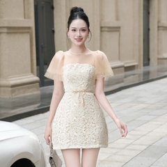 Đầm đi tiệc tay voan phối ren dáng chữ A ngắn cao cấp sang chảnh đi tiệc thắt eo cao câp