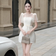Đầm đi tiệc tay voan phối ren dáng chữ A ngắn cao cấp sang chảnh đi tiệc thắt eo cao câp