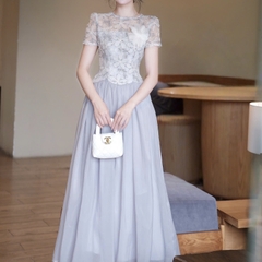 Đầm đi tiệc cao cấp hot trend phối ren thêu hoa dáng xòe cao cấp dáng dài 3 màu kem hồng ghi