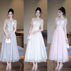 Đầm đi tiệc cao cấp hot trend phối ren thêu hoa dáng xòe cao cấp dáng dài 3 màu kem hồng ghi