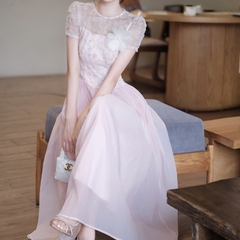 Đầm đi tiệc cao cấp hot trend phối ren thêu hoa dáng xòe cao cấp dáng dài 3 màu kem hồng ghi