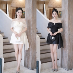 Đầm trễ vai nơ ôm ngực đi tiệc dáng ngắn cao cấp phối voan xoăn sang chảnh 3 màu kem/đen