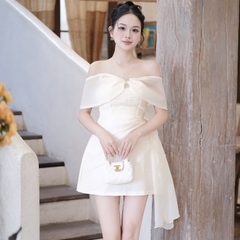 Đầm trễ vai nơ ôm ngực đi tiệc dáng ngắn cao cấp phối voan xoăn sang chảnh 3 màu kem/đen