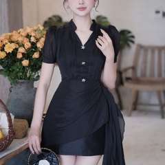 Đầm cổ sơ mi hiện đại dáng chứ A voan dáng ngắn cao cấp đi tiệc sang trọng giá rẻ