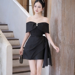 Đầm trễ vai nơ ôm ngực đi tiệc dáng ngắn cao cấp phối voan xoăn sang chảnh 3 màu kem/đen