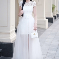 Đầm tay ren phối ngực ren dáng dài đơn giản thanh lịch chân voan cao cấp thiết kế đi tiệc