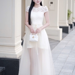 Đầm tay ren phối ngực ren dáng dài đơn giản thanh lịch chân voan cao cấp thiết kế đi tiệc