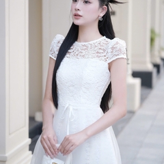 Đầm tay ren phối ngực ren dáng dài đơn giản thanh lịch chân voan cao cấp thiết kế đi tiệc