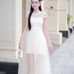 Đầm tay ren phối ngực ren dáng dài đơn giản thanh lịch chân voan cao cấp thiết kế đi tiệc