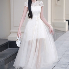 Đầm tay ren phối ngực ren dáng dài đơn giản thanh lịch chân voan cao cấp thiết kế đi tiệc