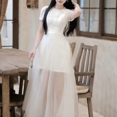 Đầm cổ tròn đính đá cao cấp chân voan dáng đai chữ A tay ngắn cao cấp sang chảnh thanh lịch đi tiệc