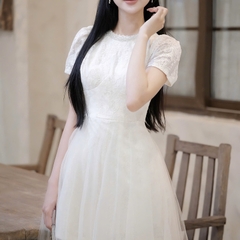 Đầm cổ tròn đính đá cao cấp chân voan dáng đai chữ A tay ngắn cao cấp sang chảnh thanh lịch đi tiệc