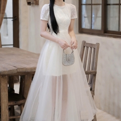 Đầm cổ tròn đính đá cao cấp chân voan dáng đai chữ A tay ngắn cao cấp sang chảnh thanh lịch đi tiệc